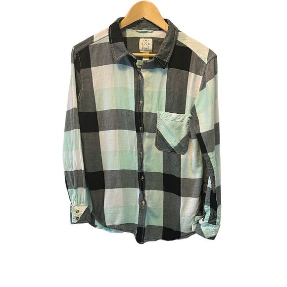 Mint Plaid Casual Cotton Button Up Long Sleeve Top S - Picture 2 of 9